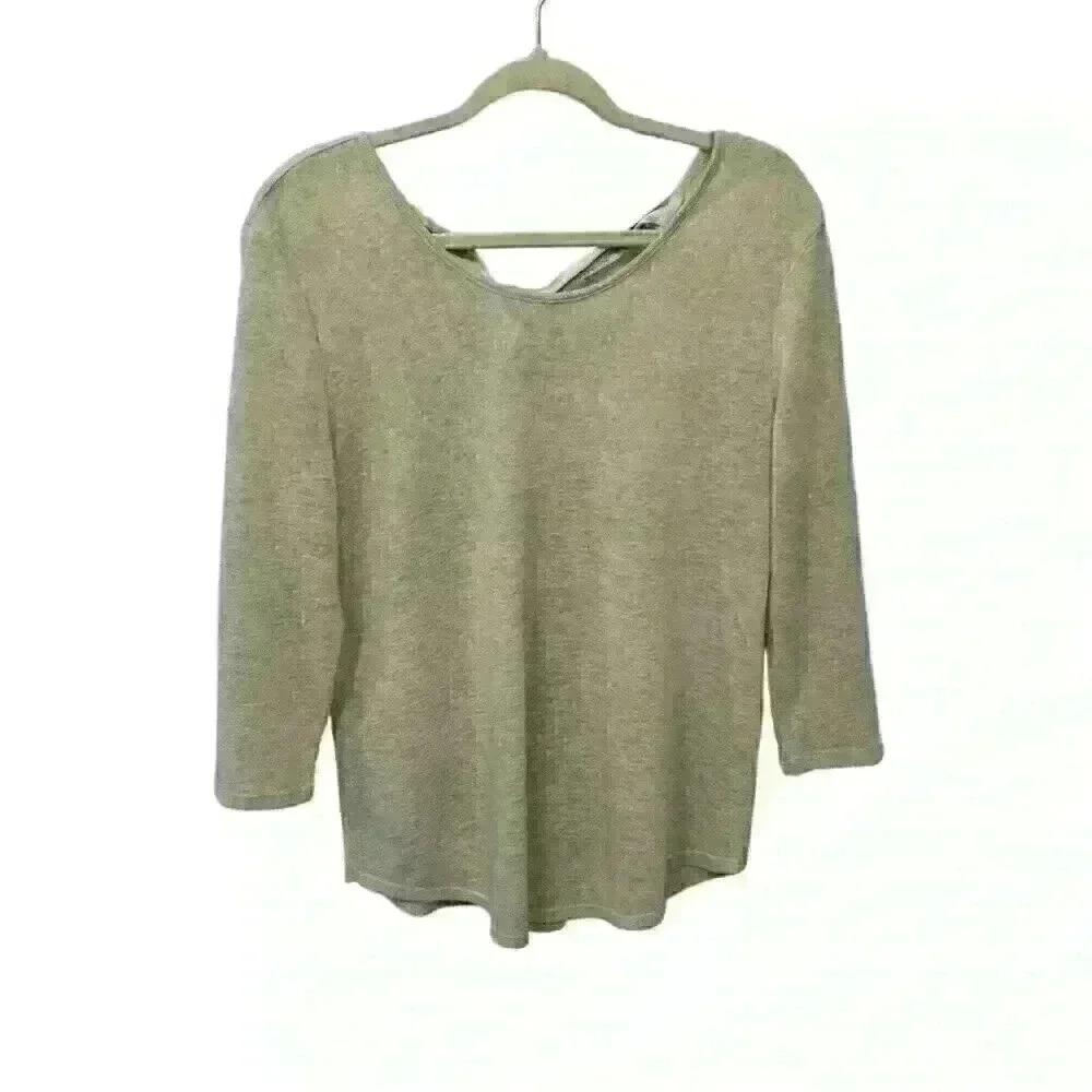 NY & Co Womens M Beige Lightweight Sweater 3/4 Sleeve Poly/Rayon Satin Tie Back